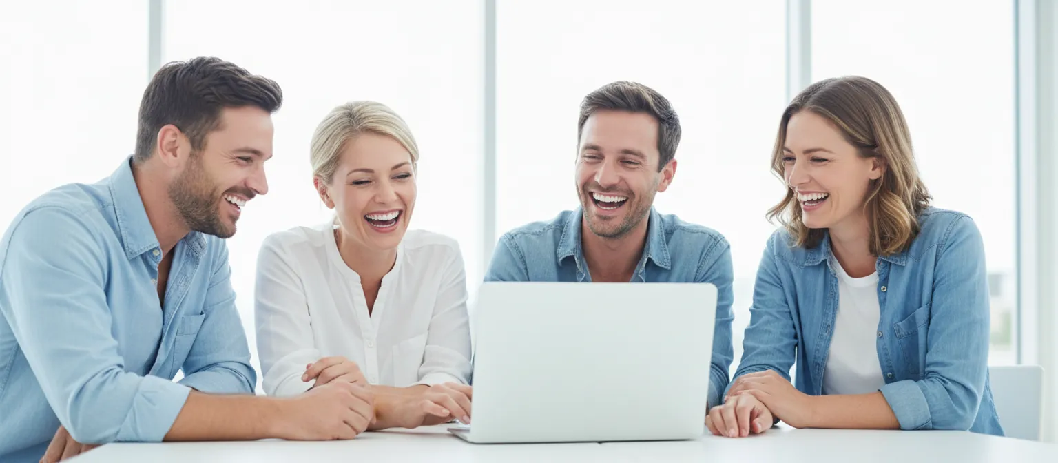 Two men and two women laughing together over a laptop at a meeting table